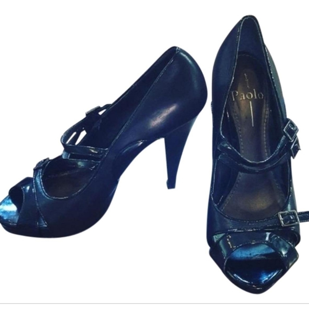 Paolo‎ - Black Patent  Peep Toe & Strap Heels